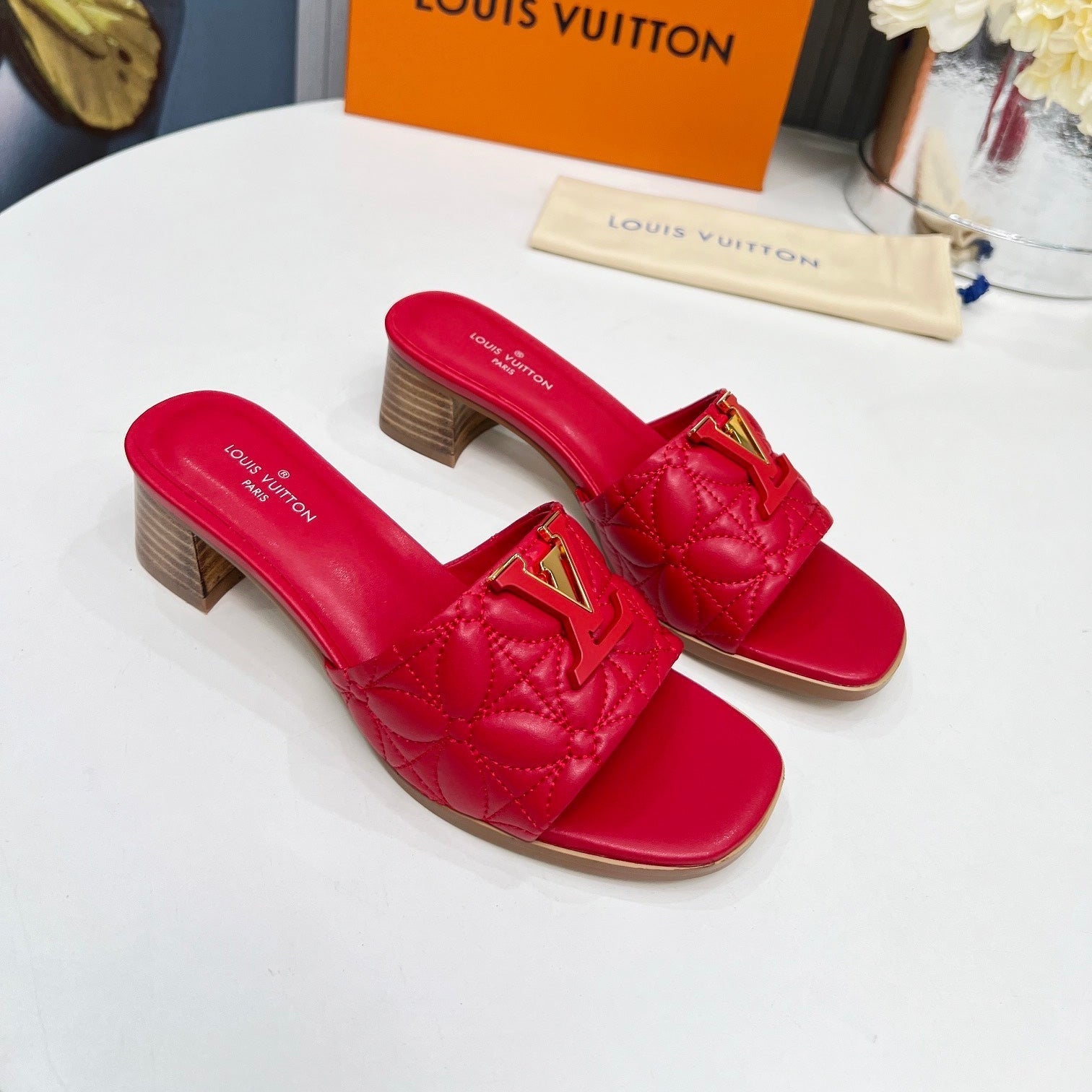 LV 26S MARE HIGH-HEELED MULE SANDALS IN RED CALFSKIN