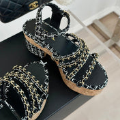 Double C Wooden Chain Platform Block Heel Sandals White Caro/ Black