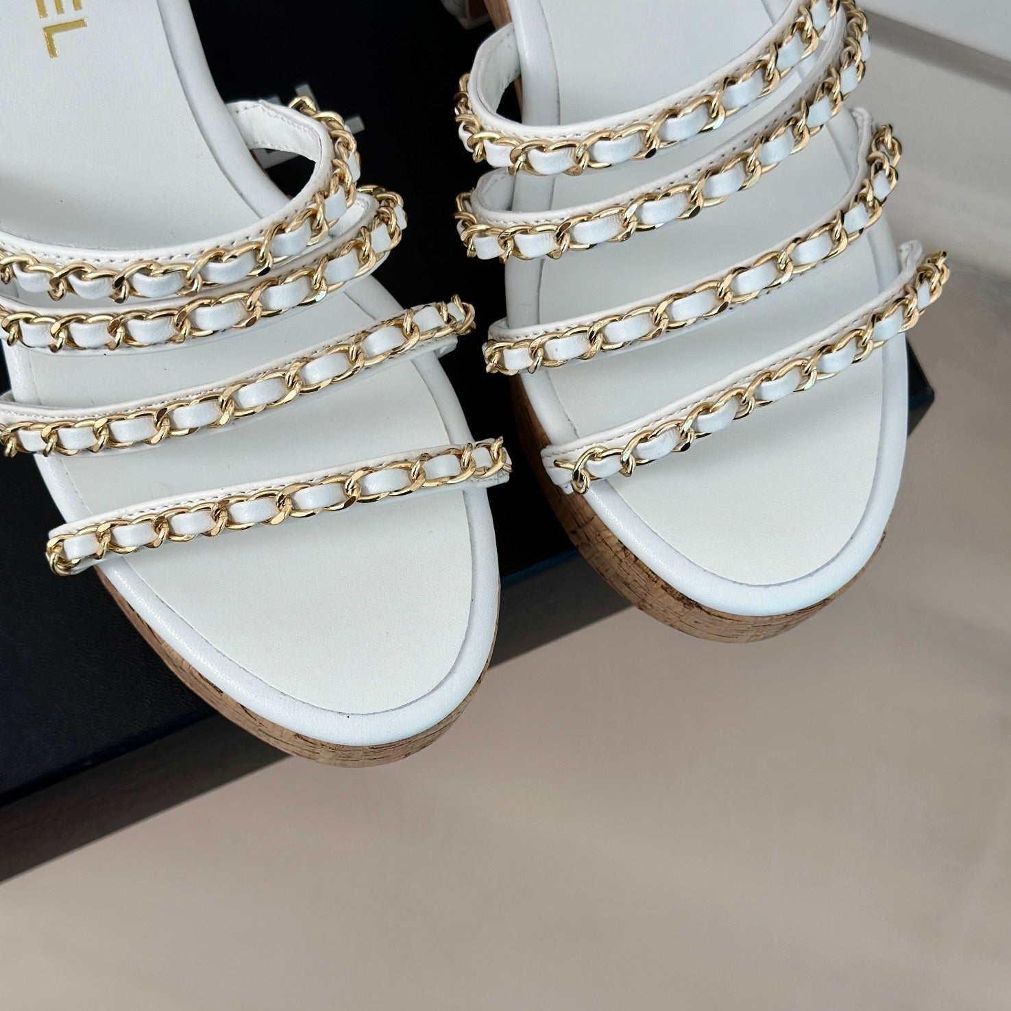 Double C Wooden Chain Platform Block Heel Sandals White
