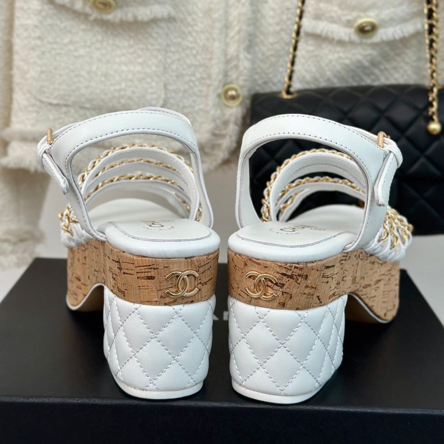 Double C Wooden Chain Platform Block Heel Sandals White