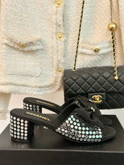 BLOCK HEEL MULE WITH WHITE RHINESTONES IN BLACK LAMBSKIN