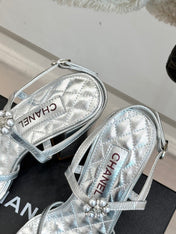 HIGH HEELS SANDAL IN SILVER LAMBSKIN PEARL FLOWERS