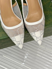 GG HIGH SLINGBACK 8.5 CM IN WHITE CLASSIC POINTED-TOE MESH WITH RHINESTONE EMBELLISHMENTS