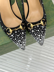 HIGH SLINGBACK 8.5 CM IN BLACK FABRIC WITH RHINESTONE EMBELLISHMENTS