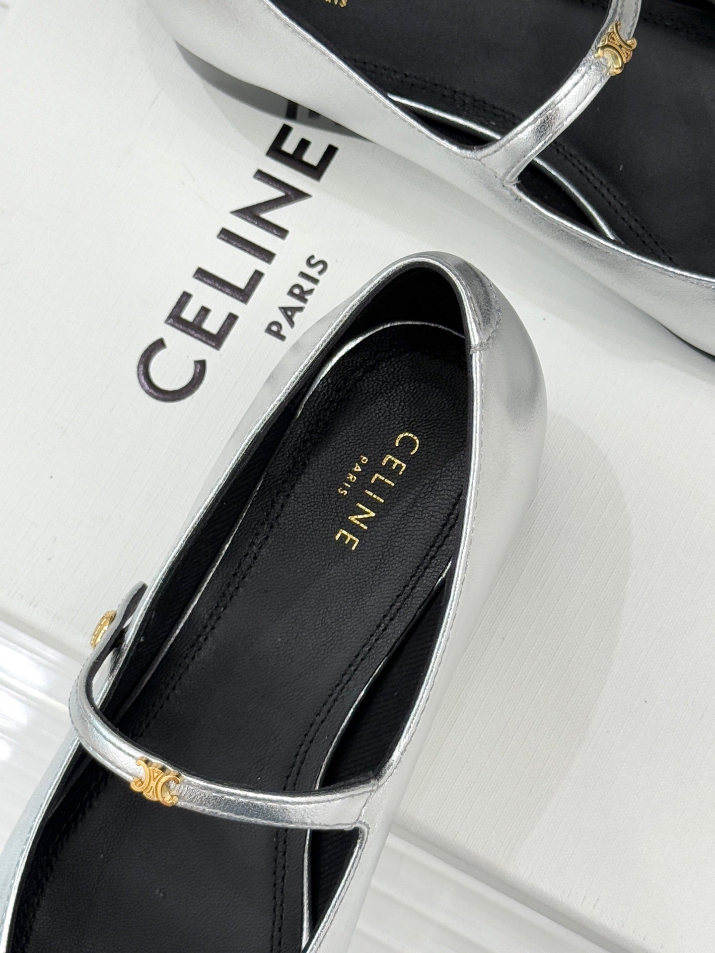 CELINE 26S MARY JANE SHOES IN SILVER LAMBSKIN