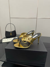 ALAIA HEELED THONG 25S IN GOLD PATENT LEATHER