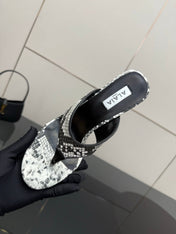ALAIA HEELED THONG 25S IN WHITE AND BLACK LAMBSKIN SNAKE-EMBOSSED