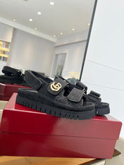 VELCRO STRAP SANDALS IN BLACK MONOGRAM CANVAS GOLD HARDWARE