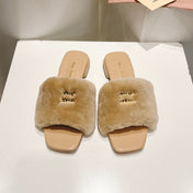 MIUMIU 26S SQUARE-TOE SANDALS IN BEIGE SHEARLING AND LEATHER