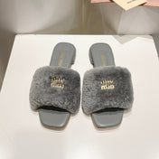MIUMIU 26S SQUARE-TOE SANDALS IN GREY SHEARLING AND LEATHER