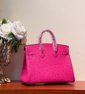 KELLY SELLIER 25 BAG IN BRIGHT PINK OSTRICH LEATHER WITH SILVER HARDWARE