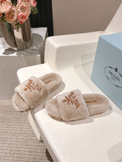 PRADA 25S FLAT MULES IN WARM TAUPE RABBIT FUR
