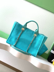 CHANEL 25S TOTE BAG 33 IN TURQUOISE BLUE CANVAS