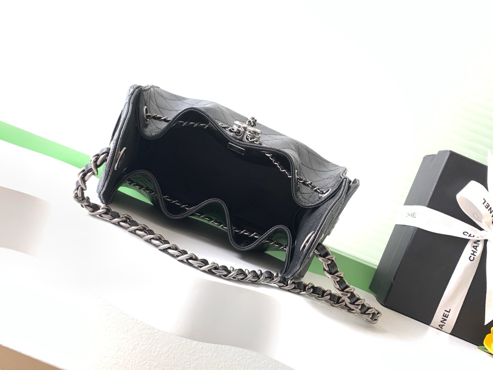 CHANEL 26S HOBO BAG 30 IN BLACK CAVIAR CALFSKIN DARK SILVER HARDWARE