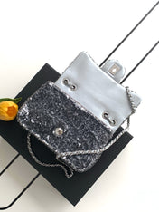 CHANEL 26S SEQUINS FLAP BAG 21 IN BLACK TWEED AND CALFSKIN SILVER HARDWARE