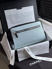 CHANEL 26S LARGE ZIP POUCH BAG 29 IN LIGHT BLUE CANVAS AND CALFSKIN SILVER HARDWARE