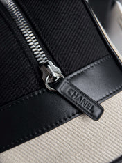 CHANEL 26S LARGE ZIP POUCH BAG 29 IN BEIGE CANVAS AND CALFSKIN SILVER HARDWARE