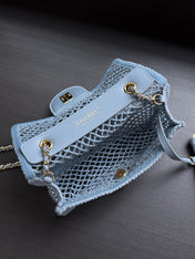 CHANEL 26S SMALL CLASSIC FLAP BAG 21 IN LIGHT BLUE OPEN-WEAVE CROCHET GOLD HARDWARE