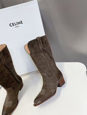 CELINE 25S HIGH CUT CHELSEA BOOTS 45MM IN DARK BROWN SUEDE