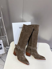 CELINE 25S BULKY LACED UP BOOTS 45MM IN CHARCOAL BROWN SUEDE