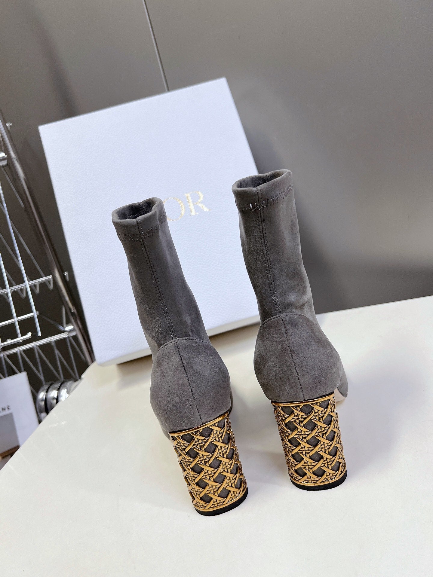 ICON HEELED ANKLE BOOT DOVE GRAY SUEDE 8 CM WITH GOLD LOGO