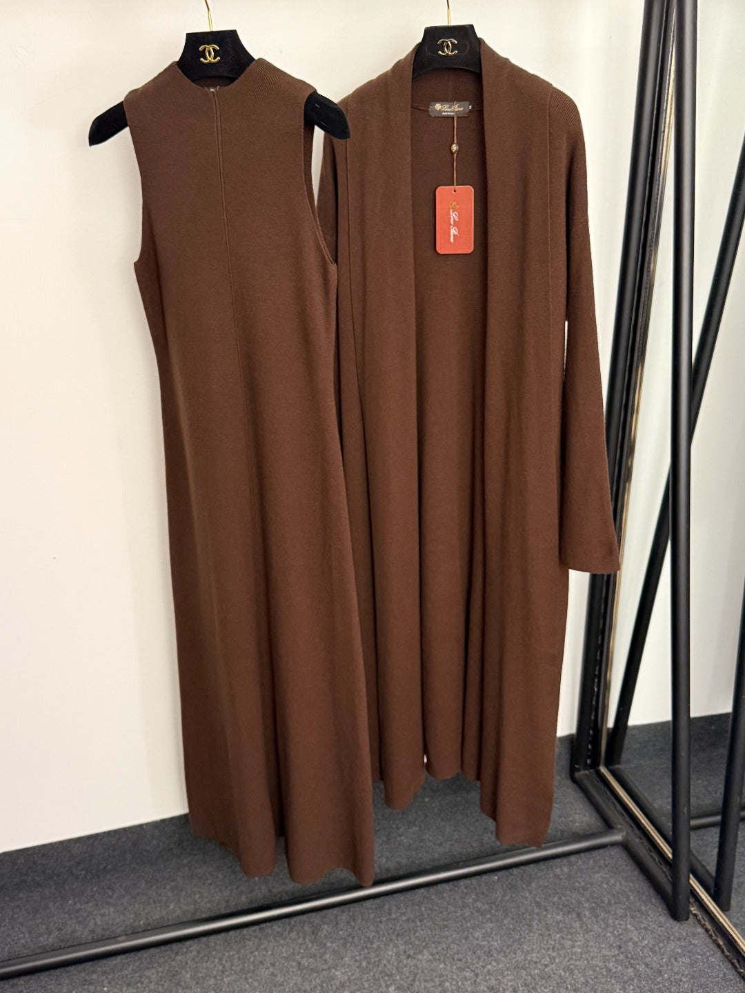 LORO PIANA 26S SLEEVELESS KNIT MAXI DRESS WITH LONG CARDIGAN SET 925
