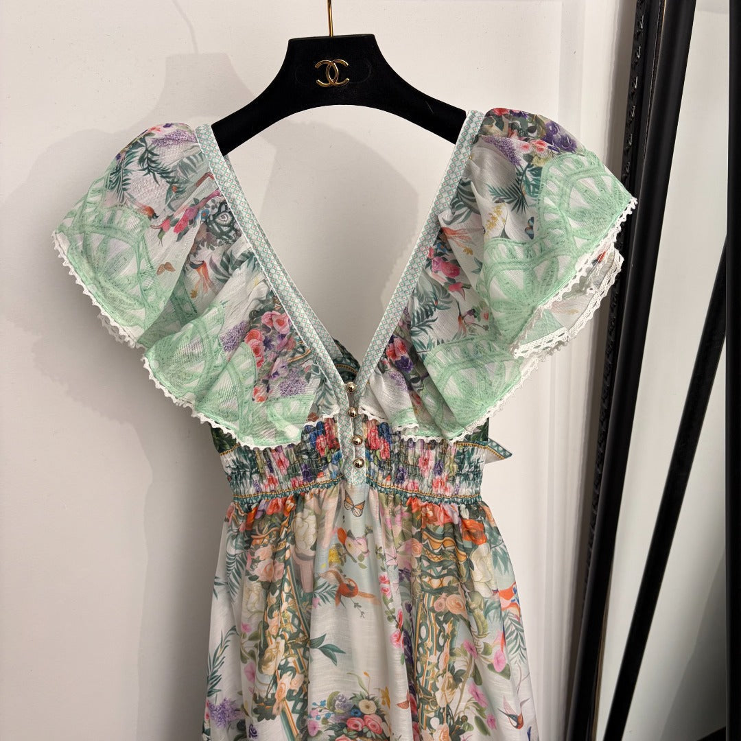 ZIMMERMANN 26S RUFFLE-SLEEVE FLORAL MIDI DRESS 251