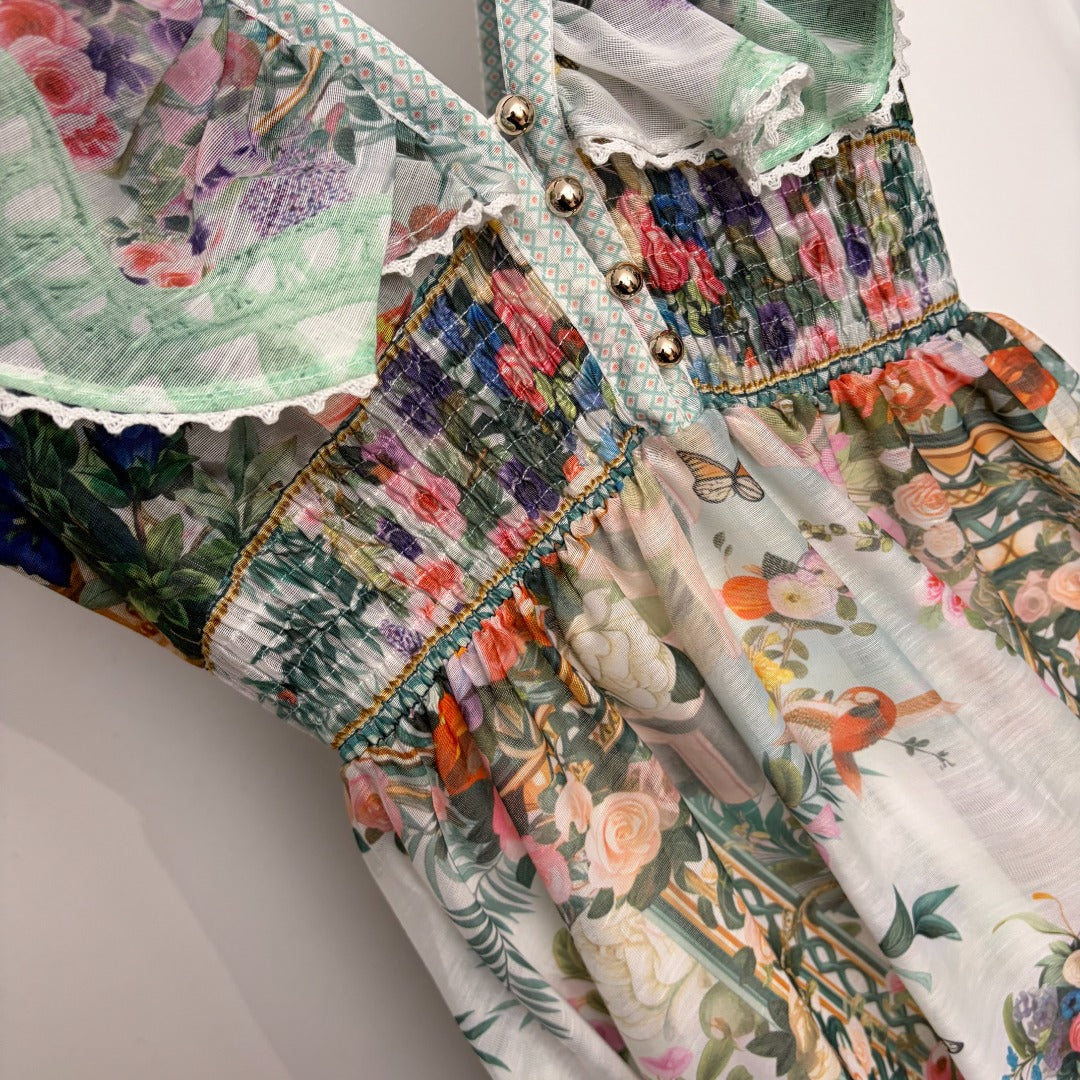 ZIMMERMANN 26S RUFFLE-SLEEVE FLORAL MIDI DRESS 251