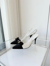 SLINGBACKS 80 MM IN WHITE CALFSKIN AND BLACK CANVAS