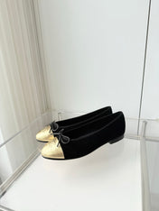 CHANEL 26S BALLET FLATS IN BLACK SUEDE WITH GOLD TOE CAP AND BOW