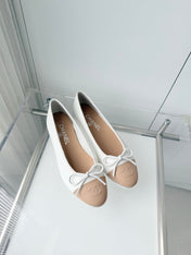 CHANEL 26S BALLET FLATS IN WHITE CALFSKIN WITH BEIGE TOE CAP AND BOW