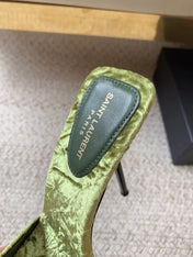 HIGH HEEL SLIDES IN TEA GREEN VELVET