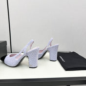 HIGH SLINGBACK LIGHT BLUE TWEED AND BLACK CALFSKIN