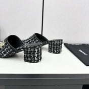 CC HIGH MULE IN BLACK MIX WHITE WOOL TWEED AND CALFSKIN