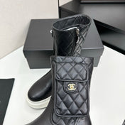 CHANEL 25S WEDGE ANKLE BOOTS IN BLACK CALFSKIN SILVER HARDWARE