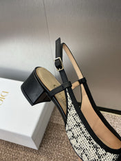 SLINGBACK PUMP IN WHITE MIX BLACK EMBROIDERED CANNAGE TWEED 35 MM
