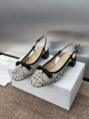 SLINGBACK PUMP IN WHITE MIX BLACK EMBROIDERED CANNAGE TWEED 35 MM