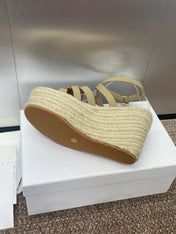 D-CLUB 25S HIGH HEEL WEDGE 100MM IN GOLDEN BEIGE CALFSKIN RAFFIA SOLE
