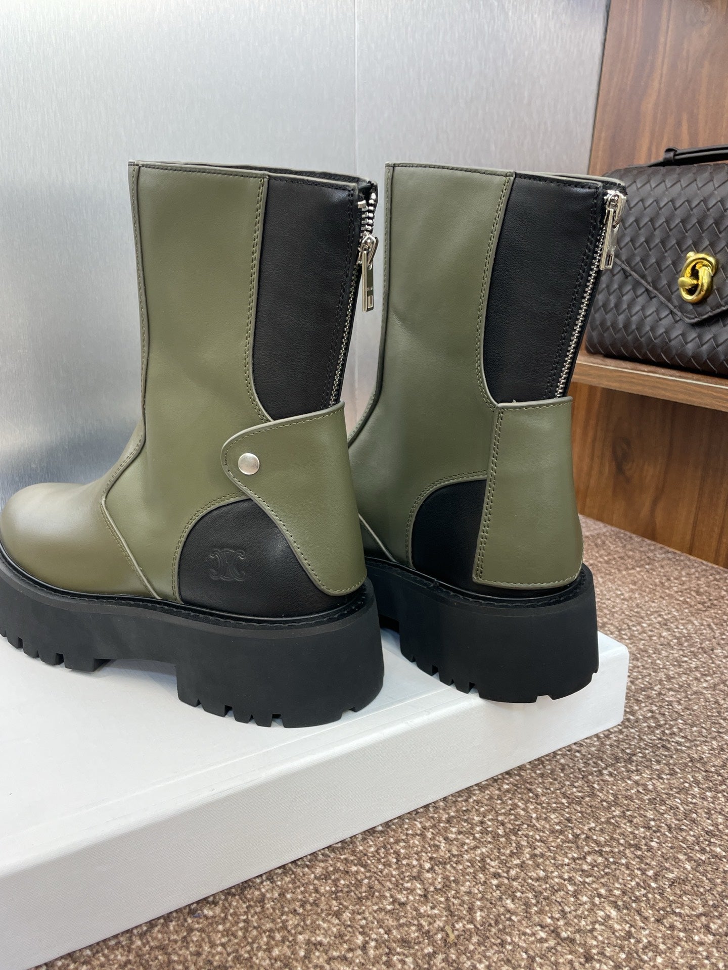 CELINE 26S ANKLE BOOTS 45 MM IN MOSS GREEN CALFSKIN
