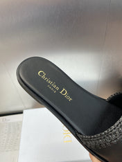 DIOR 25S D-LANE SLIDE BLACK CALFSKIN AND BLACK BRAIDED RAFFIA