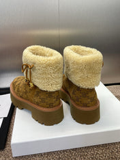 CELINE 26S ANKLE BOOTS 45 MM IN BROWN SUEDE AND BEIGE WOOL
