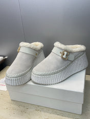 CHLOÉ 26S FUR-LINED WEDGE MULES IN LIGHT GREY SUEDE