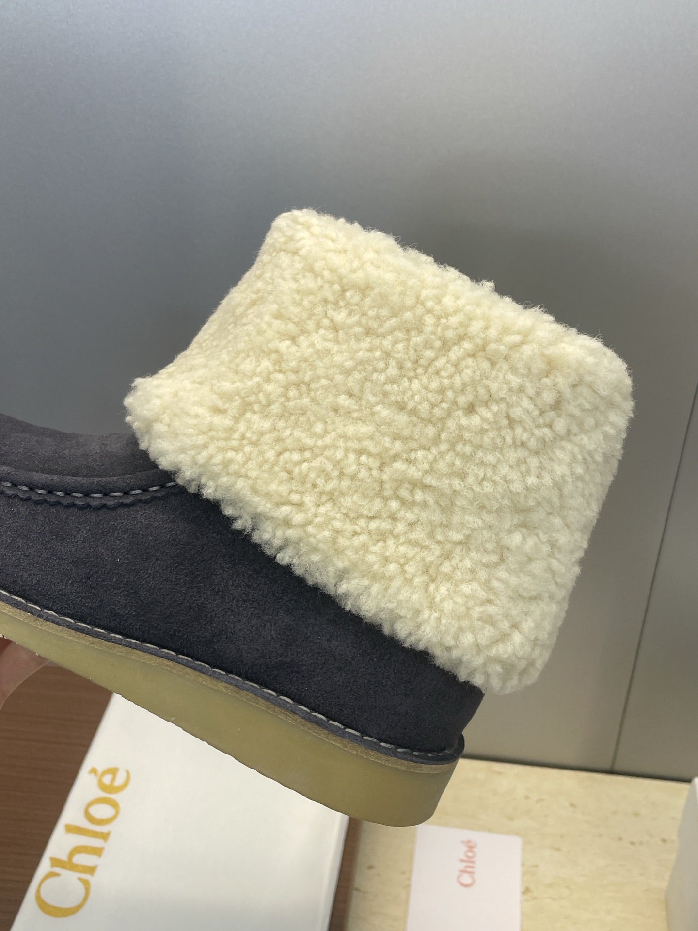 CHLOÉ 26S SHEARLING BOOTS IN CHARCOAL GREY SUEDE