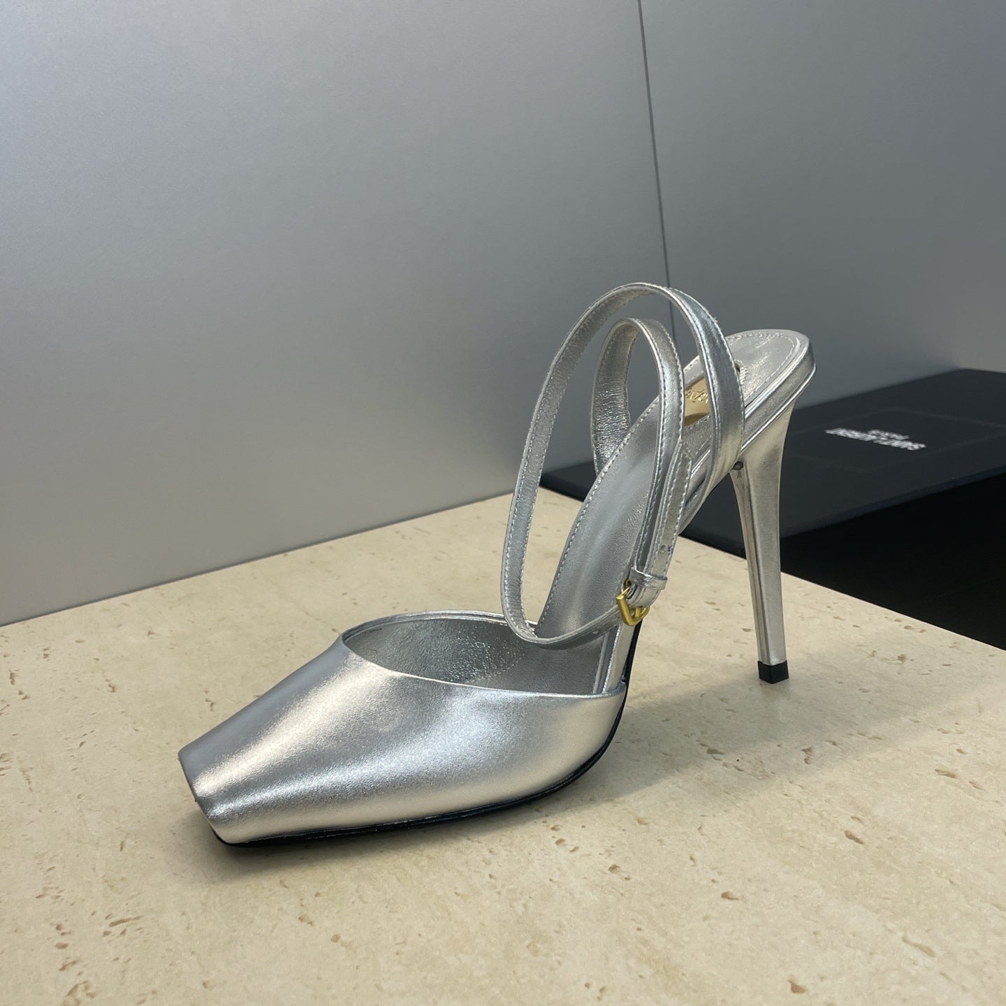 YSL 26S HEELED SANDALS 95 MM IN SILVER CALFSKIN