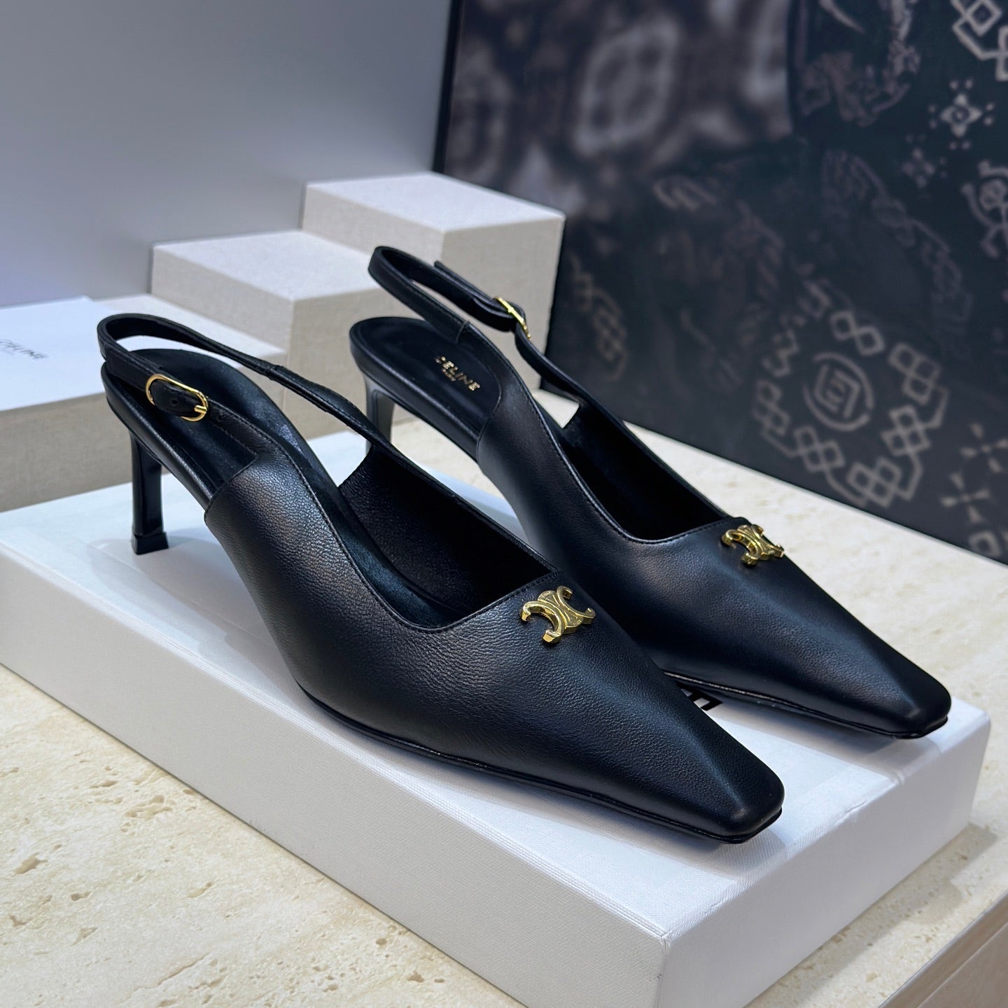 CELINE 26S SLINGBACK HEELS 65 MM IN BLACK CALFSKIN