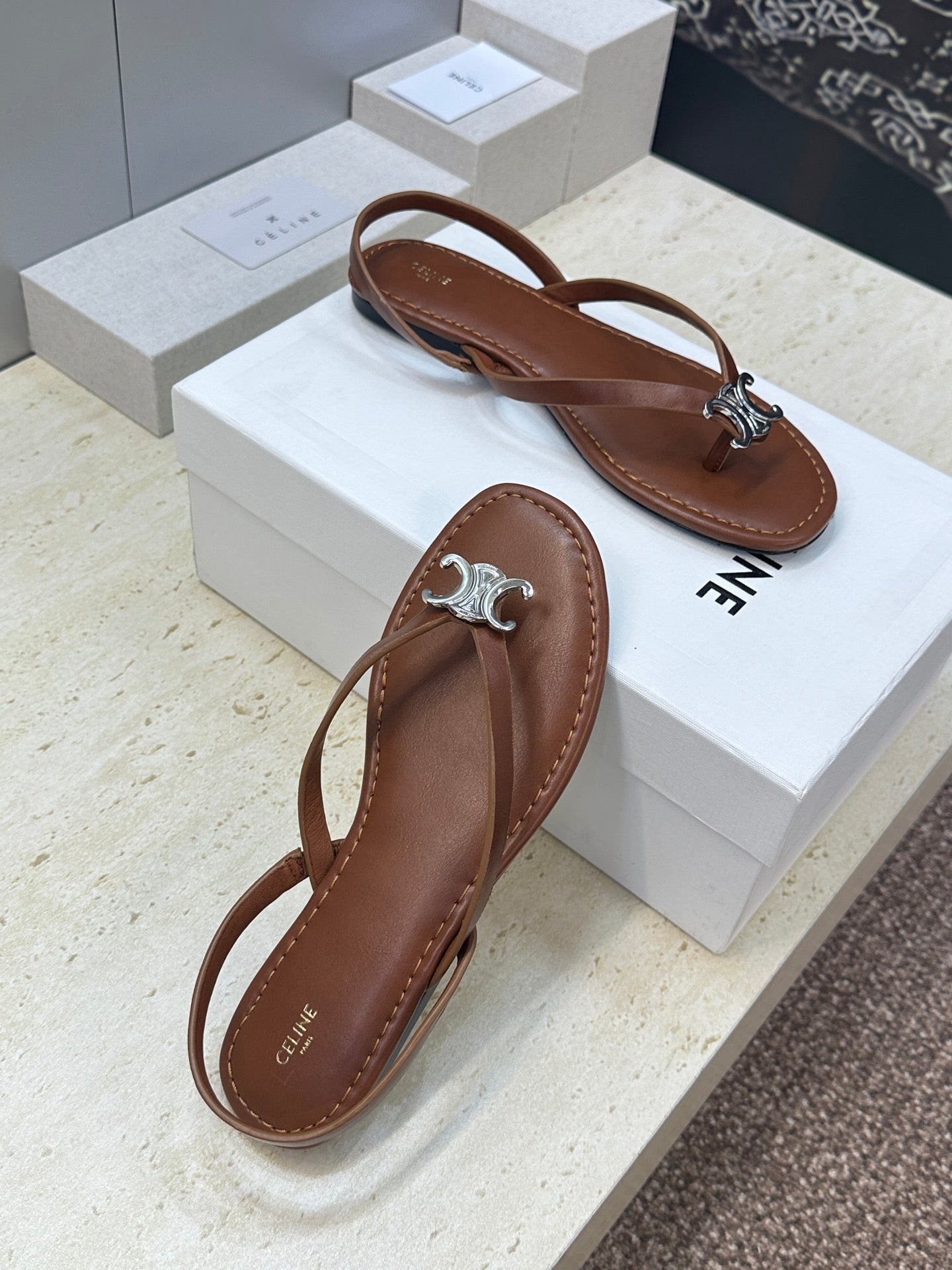 CELINE 26S THONG SANDALS IN BROWN CALFSKIN