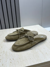 MIUMIU 26S SNEAKER MULES IN DARK OLIVE GREEN SUEDE WITH BOW