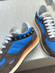 VALENTINO 26S BUTTERFLY EMBROIDERED SNEAKERS IN BROWN SUEDE & BLUE FABRIC