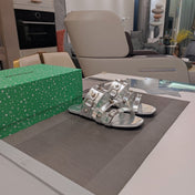 STRAPPY FLAT SANDALS IN SILVER STUDDED WAX-OIL SHEEPSKIN
