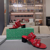 STRAPPY MEDIUM HEELED SANDALS IN RED STUDDED WAX-OIL SHEEPSKIN